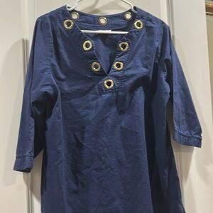 MICHAEL Michael kors goldTone eyelets applique swim coverup 3/4 sleeve semiSheer